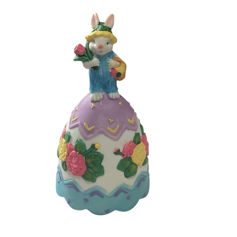 Vintage Ceramic Easter Bunny Bell Figurine Floral Rabbit Blue Overalls